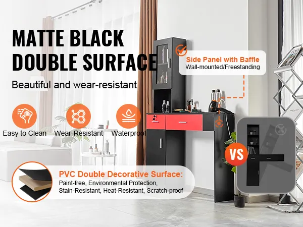matzwarte VEVOR salonwerkplek met dubbel decoratief pvc-oppervlak, zijpaneel en schot.