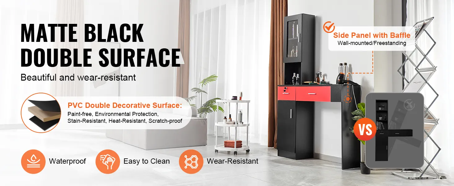 matzwarte VEVOR salonwerkplek met dubbel decoratief pvc-oppervlak, zijpaneel en schot.
