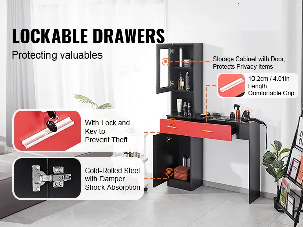 VEVOR salonwerkplek met afsluitbare lades, opbergkast en comfortabele handgrepen.