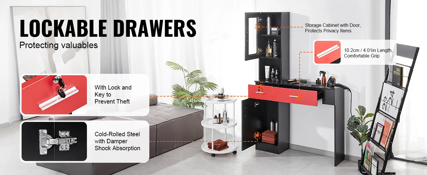 VEVOR salonwerkplek met afsluitbare lades, opbergkast en comfortabele handgrepen.