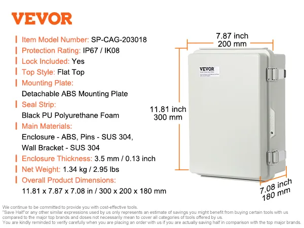 VEVOR outdoor electrical junction box, ip67/ik08, abs mounting plate, flat top, 11.81"x7.87"x7.08".