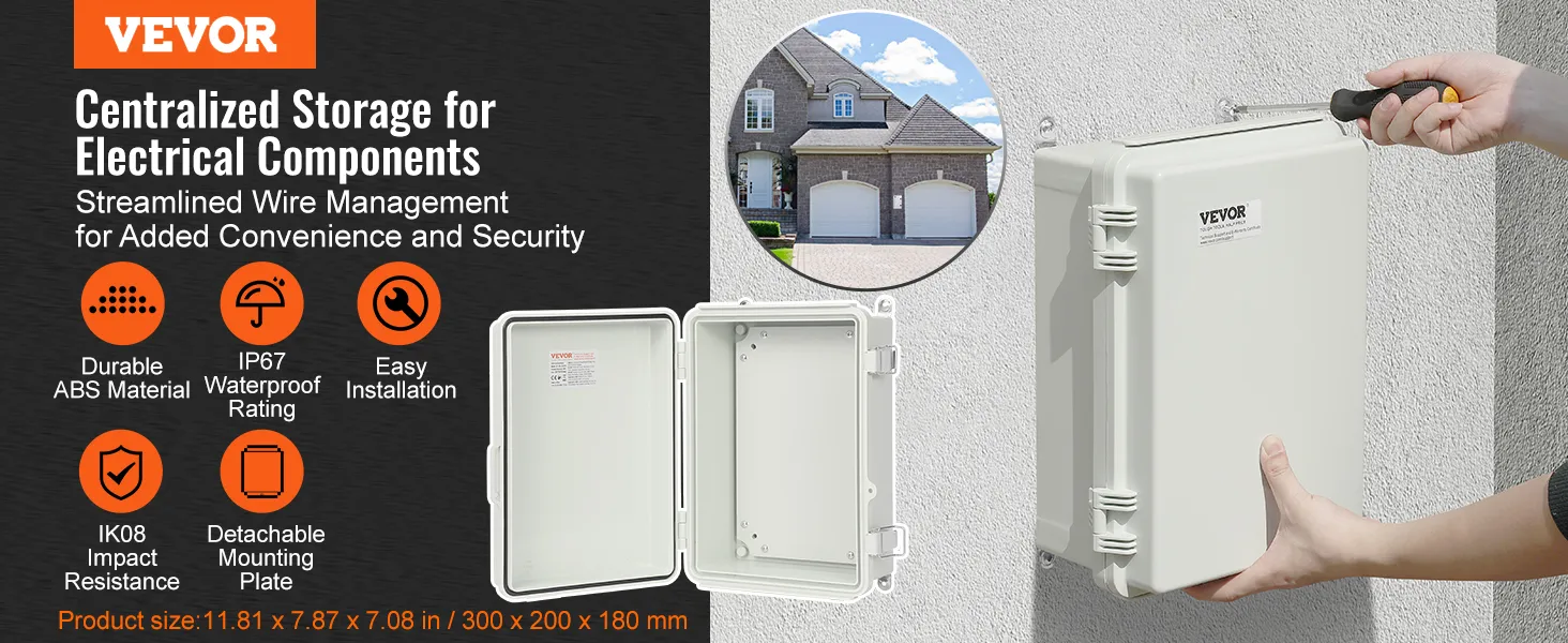 VEVOR outdoor electrical junction box with ip67 waterproof rating, ik08 impact resistance, and easy installation.