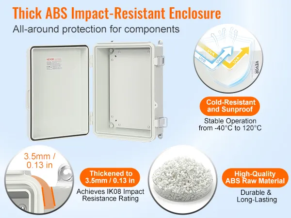 VEVOR outdoor electrical junction box with thick abs impact-resistant enclosure, cold-resistant and sunproof.