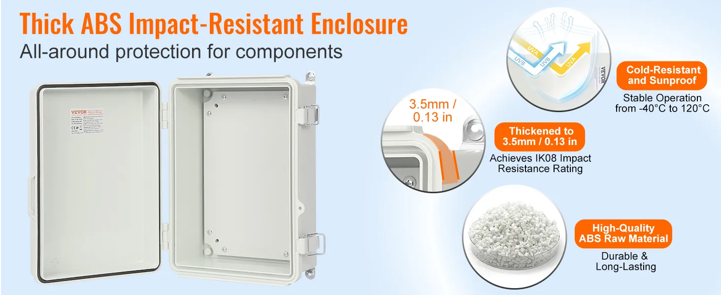VEVOR outdoor electrical junction box with thick abs impact-resistant enclosure, cold-resistant and sunproof.