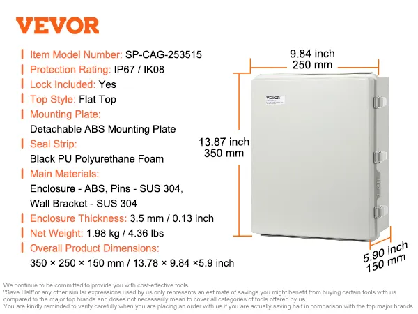 VEVOR electrical junction box with detachable mounting plate, stainless steel latches, and ip67 rating.