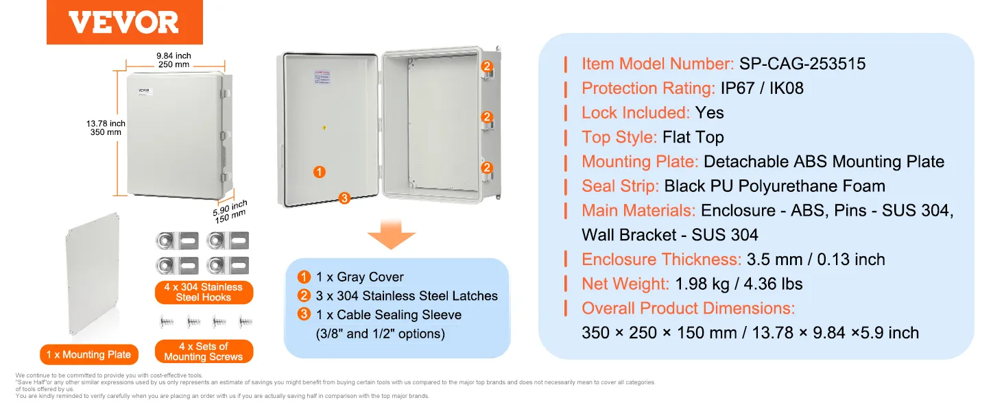VEVOR electrical junction box with detachable mounting plate, stainless steel latches, and ip67 rating.