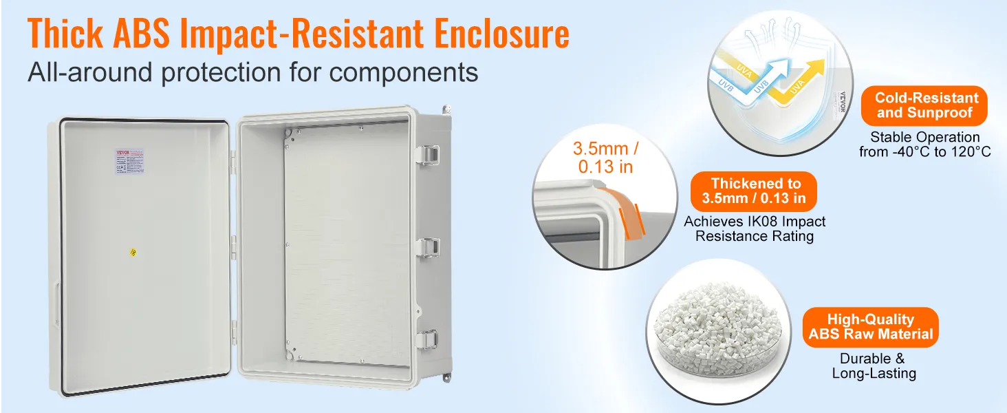 VEVOR electrical junction box: thick abs, impact-resistant, cold-resistant from -40°c to 120°c, ik08 rated.