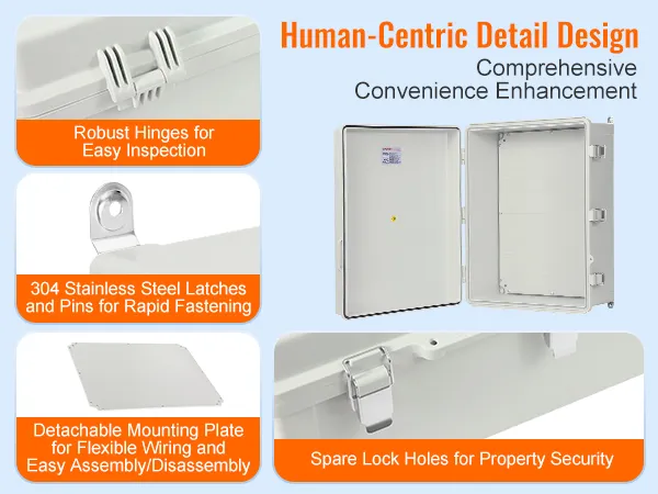 VEVOR electrical junction box with robust hinges, 304 steel latches, detachable mounting plate, and lock holes.