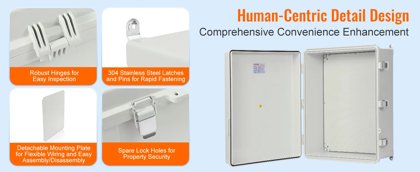 VEVOR electrical junction box with robust hinges, 304 steel latches, detachable mounting plate, and lock holes.