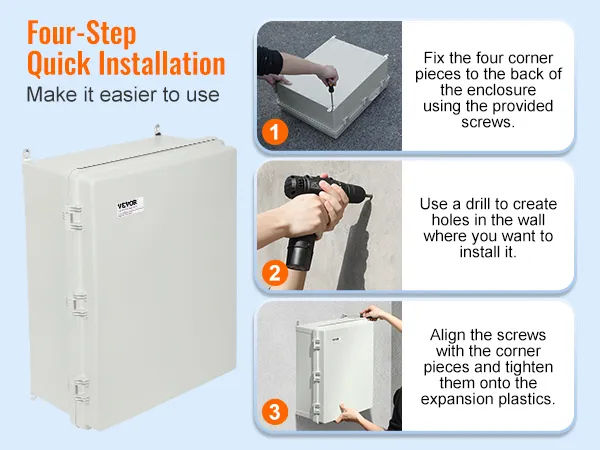 four-step installation guide for VEVOR electrical junction box with screws, drill, and wall mounting.