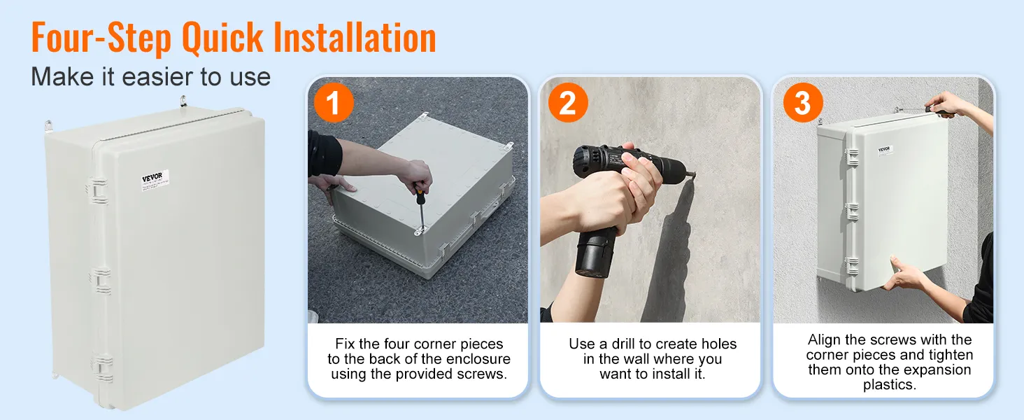 four-step installation guide for VEVOR electrical junction box with screws, drill, and wall mounting.