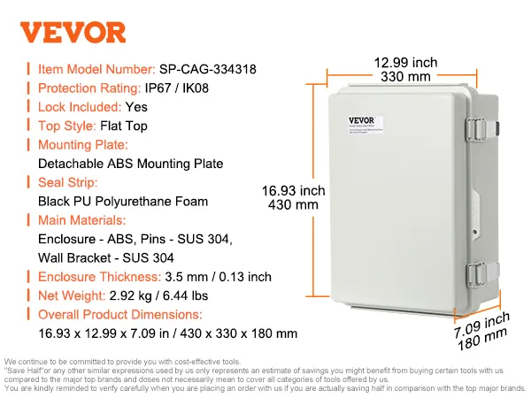 VEVOR elektrische aansluitdoos, ip67/ik08, 16,93x12,99x7,09 inch, abs, inclusief slot, afneembare montageplaat.