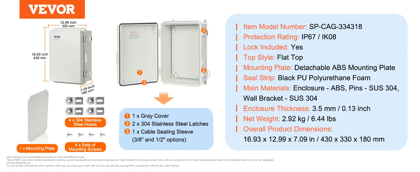 VEVOR elektrische aansluitdoos, ip67/ik08, 16,93x12,99x7,09 inch, abs, inclusief slot, afneembare montageplaat.