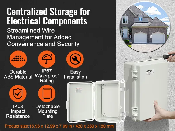 VEVOR elektrische aansluitdoos met IP67 waterbestendigheid, duurzaam ABS-materiaal, eenvoudige installatie.