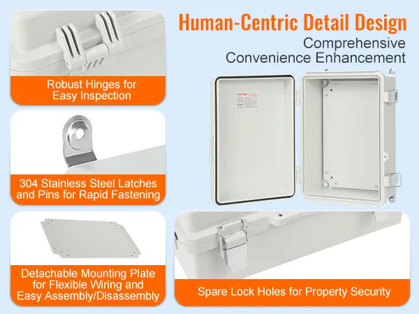 VEVOR elektrische aansluitdoos met robuuste scharnieren, roestvrijstalen grendels en afneembare montageplaat.