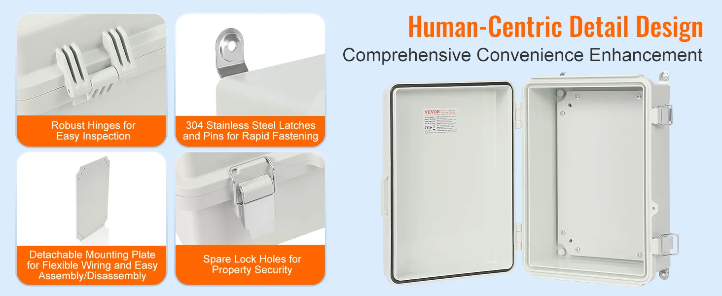 VEVOR elektrische aansluitdoos met robuuste scharnieren, roestvrijstalen grendels en afneembare montageplaat.