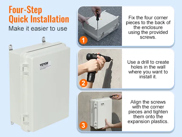 Snelle installatiehandleiding in vier stappen voor de VEVOR elektrische aansluitdoos, inclusief bevestigen, boren en uitlijnen.