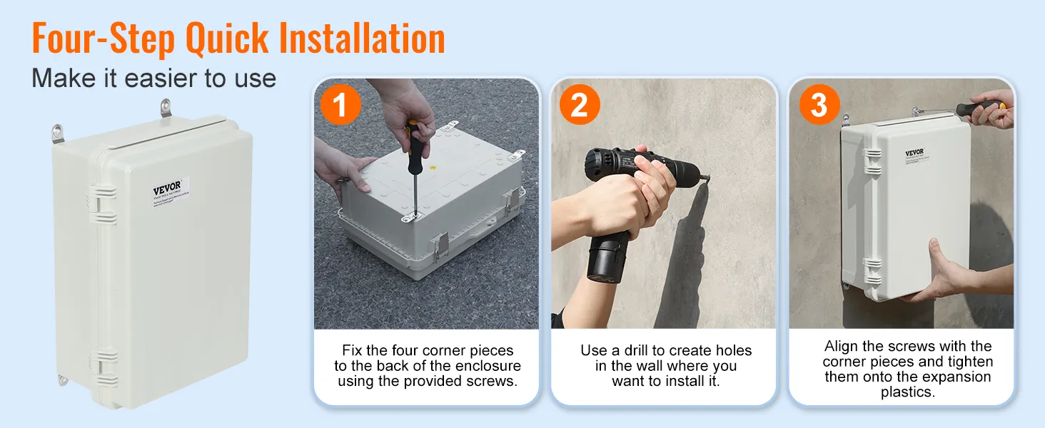 Snelle installatiehandleiding in vier stappen voor de VEVOR elektrische aansluitdoos, inclusief bevestigen, boren en uitlijnen.