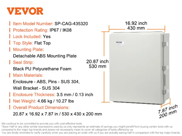 Elektrischer Anschlusskasten von VEVOR mit Schutzart IP67/IK08, abnehmbarer ABS-Montageplatte und Edelstahlriegeln.