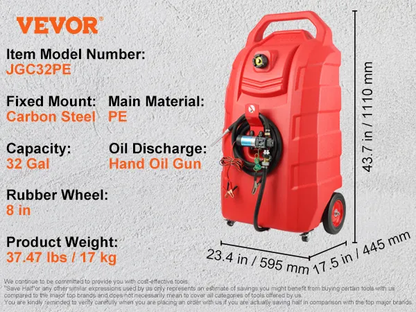 VEVOR fuel caddy with 32 gal capacity, hand oil gun, 8-inch rubber wheels, and carbon steel fixed mount.