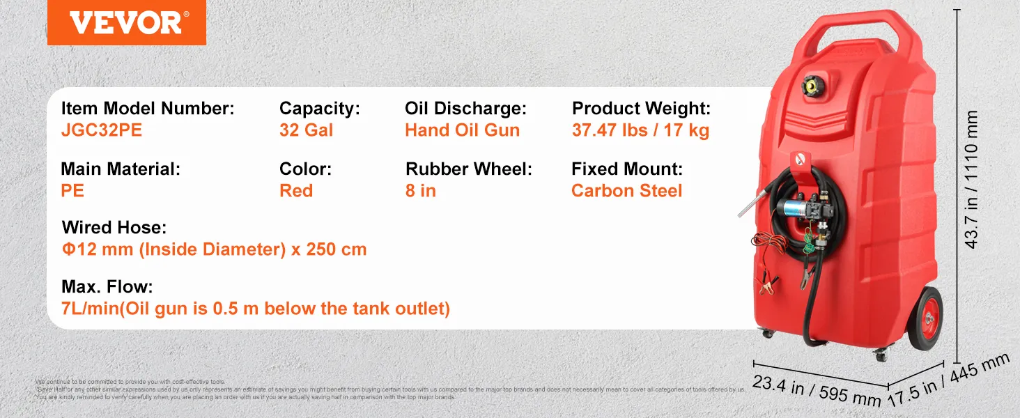 VEVOR fuel caddy with 32 gal capacity, hand oil gun, 8-inch rubber wheels, and carbon steel fixed mount.