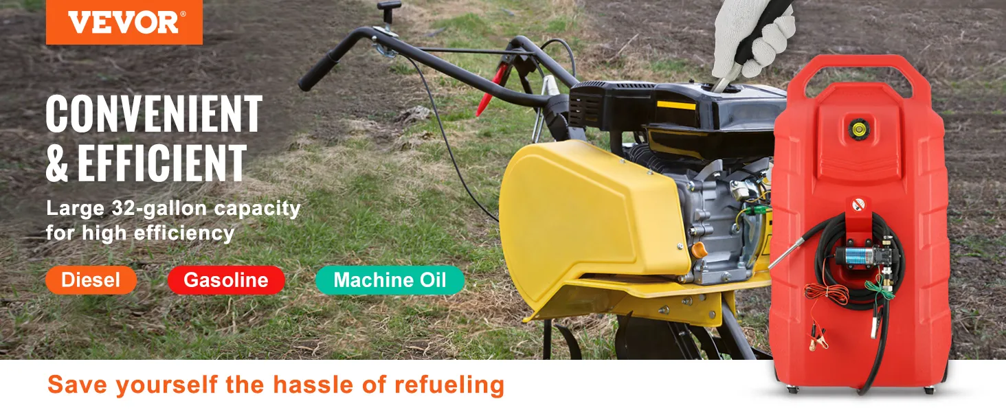 VEVOR fuel caddy with 32-gallon capacity for diesel, gasoline, and machine oil refueling.