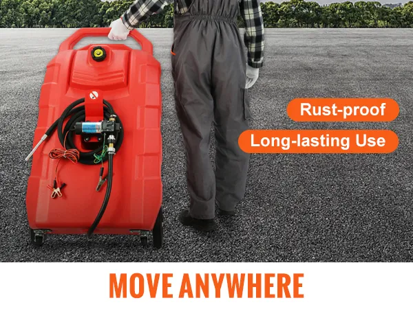 person with a red VEVOR fuel caddy featuring a hose, 8-inch rubber wheels, and rust-proof design.