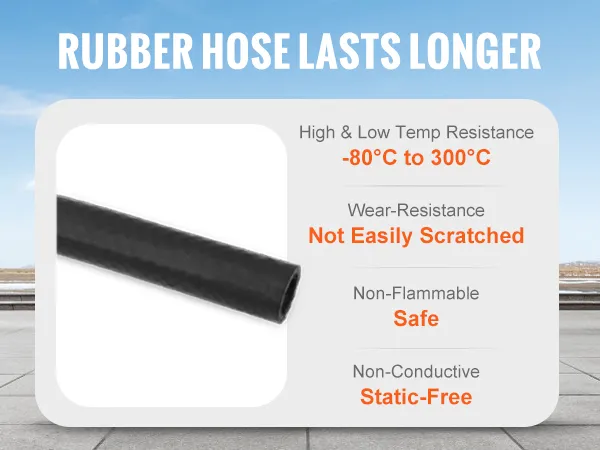 VEVOR fuel caddy with long-lasting rubber hose, high and low temp resistance, and wear resistance.