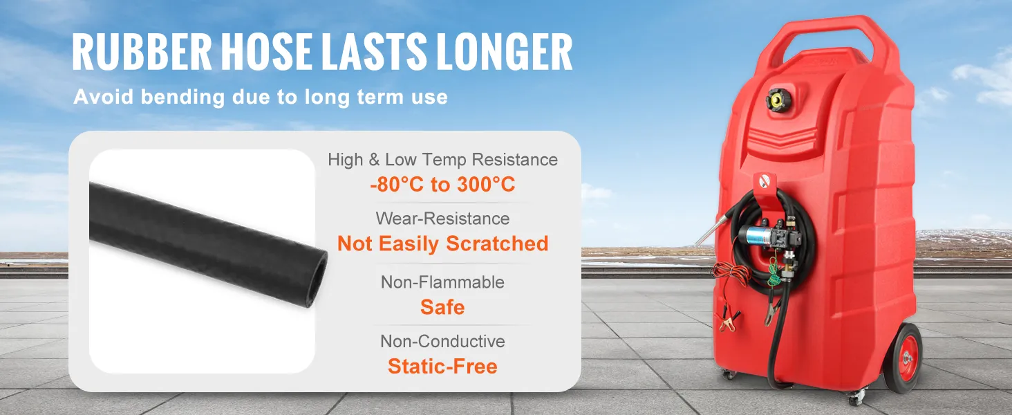 VEVOR fuel caddy with long-lasting rubber hose, high and low temp resistance, and wear resistance.