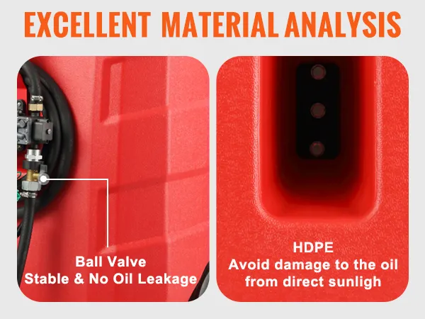 VEVOR fuel caddy with a stable ball valve for no oil leakage and hdpe material to avoid sun damage.