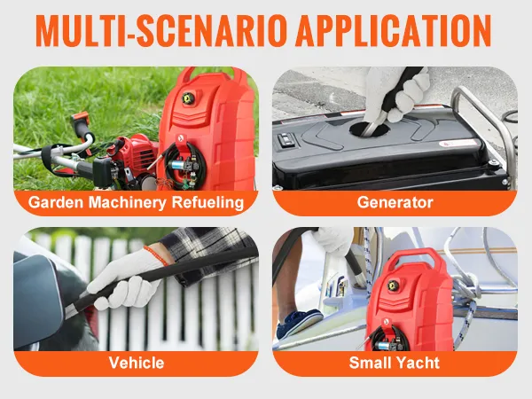 VEVOR fuel caddy showcasing refueling garden machinery, generators, small yachts, and vehicles.