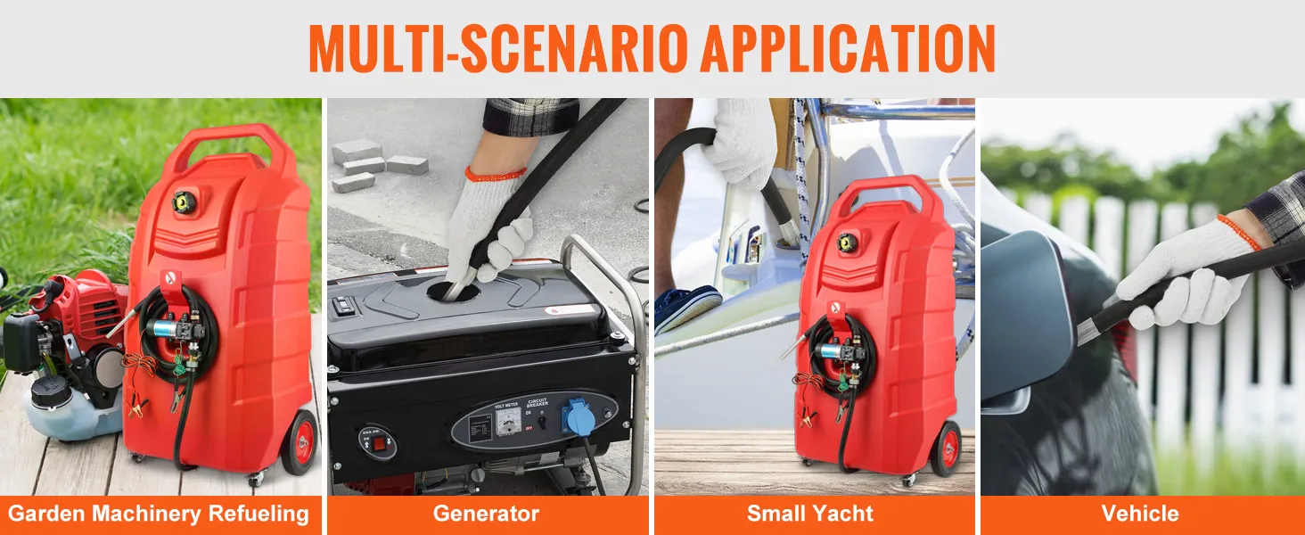 VEVOR fuel caddy showcasing refueling garden machinery, generators, small yachts, and vehicles.