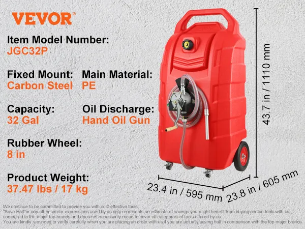 VEVOR Fuel Caddy, 32 Gallon, Portable Fuel Storage Tank On-Wheels, with Manual Transfer Pump, Gasoline Diesel Fuel Container for Cars, Lawn Mowers, ATVs, Boats, More, Red