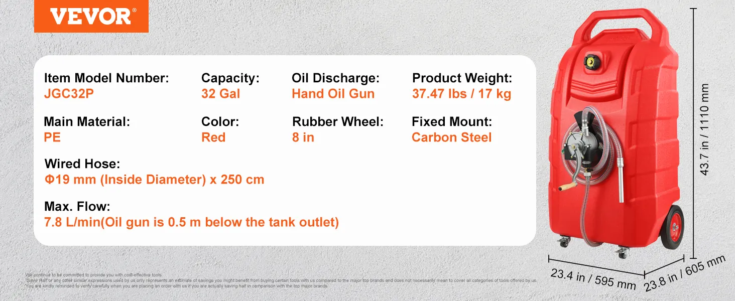 Carrito de combustible VEVOR, capacidad de 32 galones, pistola de aceite manual, material PE rojo, soporte de acero al carbono, rueda de goma.