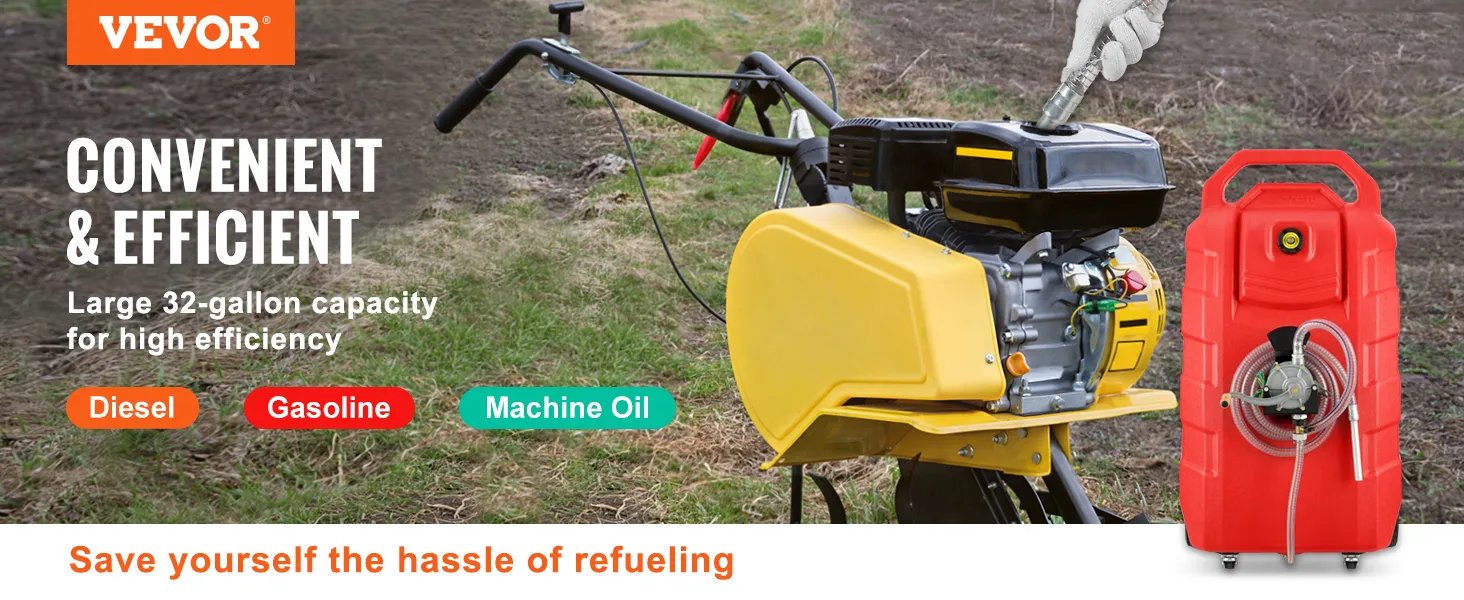 Depósito de combustible VEVOR: gran capacidad de 32 galones para repostar de manera eficiente diésel, gasolina y aceite para máquinas.