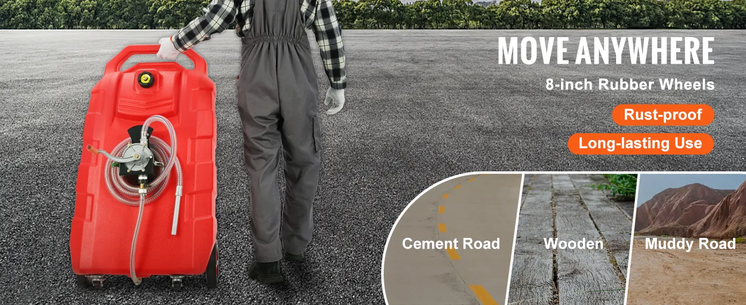 Persona moviendo un contenedor de combustible VEVOR rojo con ruedas de goma de 8 pulgadas sobre asfalto. Duradero y a prueba de óxido.
