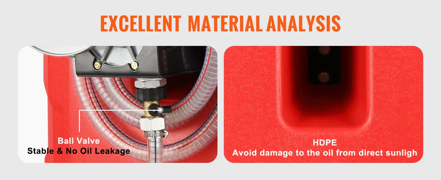 Detalles de la válvula de bola y el material HDPE del carrito de combustible VEVOR, que muestra estabilidad y protección solar.