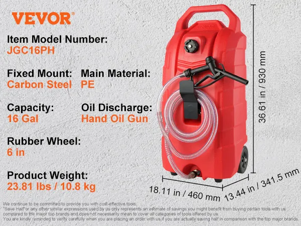VEVOR fuel caddy with 16 gal capacity, hand oil gun, 6-inch rubber wheels, pe material, red color.