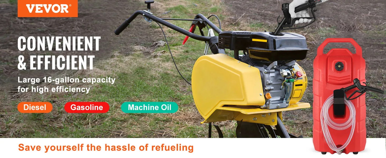 VEVOR fuel caddy with 16-gallon capacity for diesel, gasoline, and machine oil, convenient and efficient.