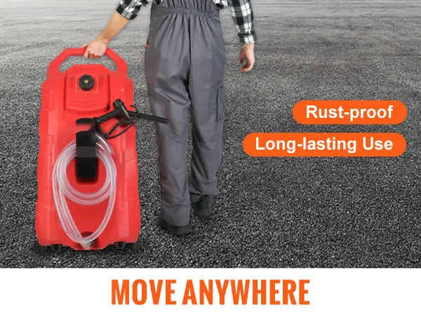 person moving VEVOR fuel caddy with 6-inch rubber wheels for various terrains: cement, wooden, muddy.