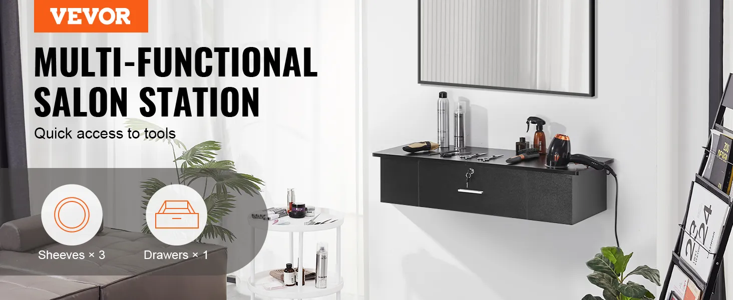 VEVOR salon workstation with wall-mounted shelves, drawers, and tools on the counter, modern black design.