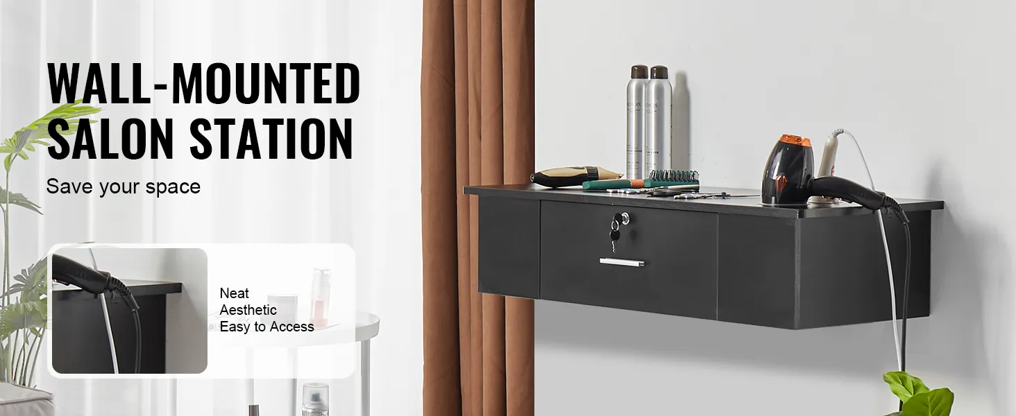 wall-mounted black salon station with drawers and hair tools, promoting space-saving and neat aesthetics.