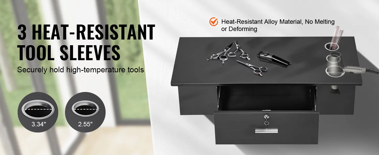 VEVOR salon workstation with 3 heat-resistant tool sleeves for holding high-temperature tools securely.