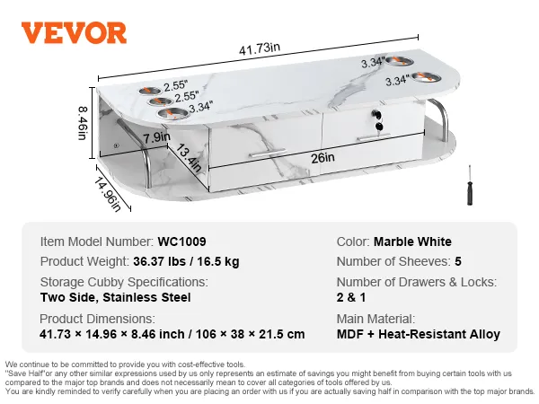 VEVOR salon station detailed dimensions and features, including marble white finish and stainless steel storage cubbies.