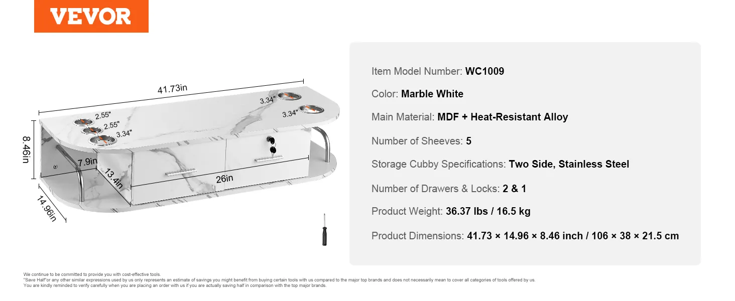 VEVOR salon station detailed dimensions and features, including marble white finish and stainless steel storage cubbies.