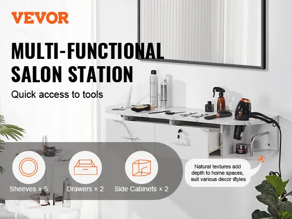 VEVOR salon station with shelves, drawers, side cabinets, and tools for quick access and storage.