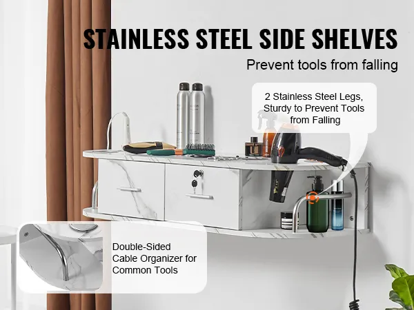 VEVOR salon station with stainless steel side shelves and double-sided cable organizer for tools.