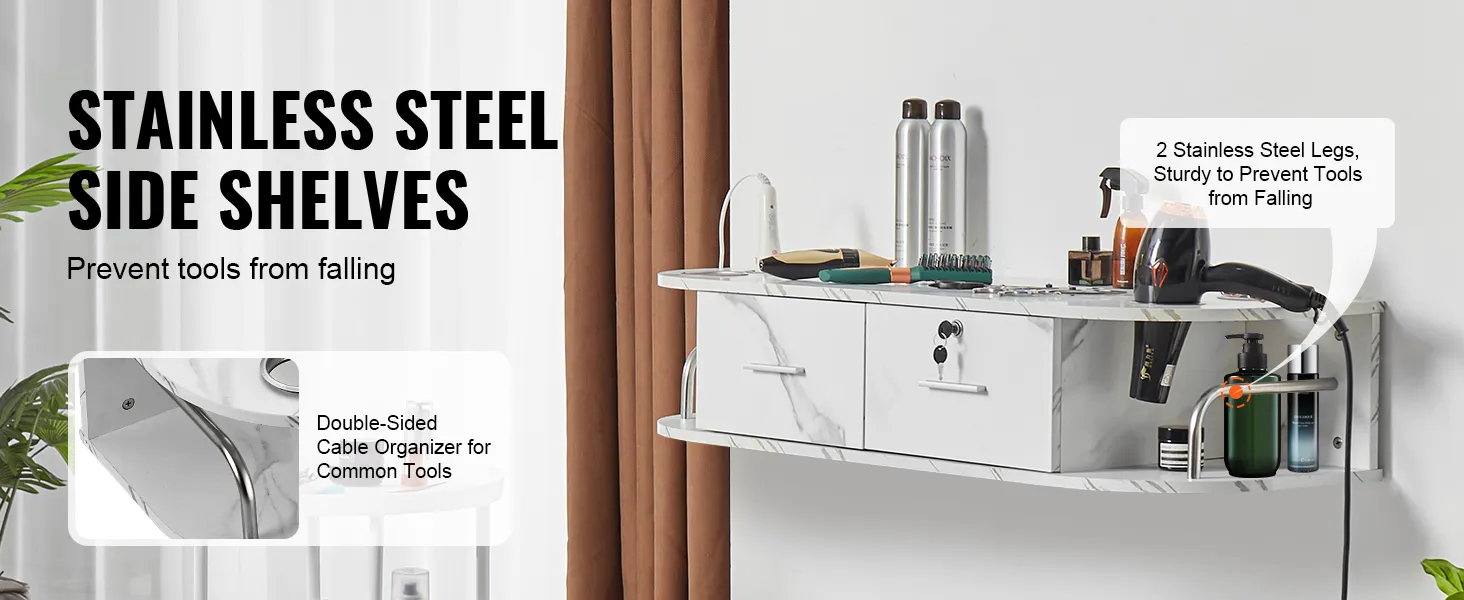 VEVOR salon station with stainless steel side shelves and double-sided cable organizer for tools.