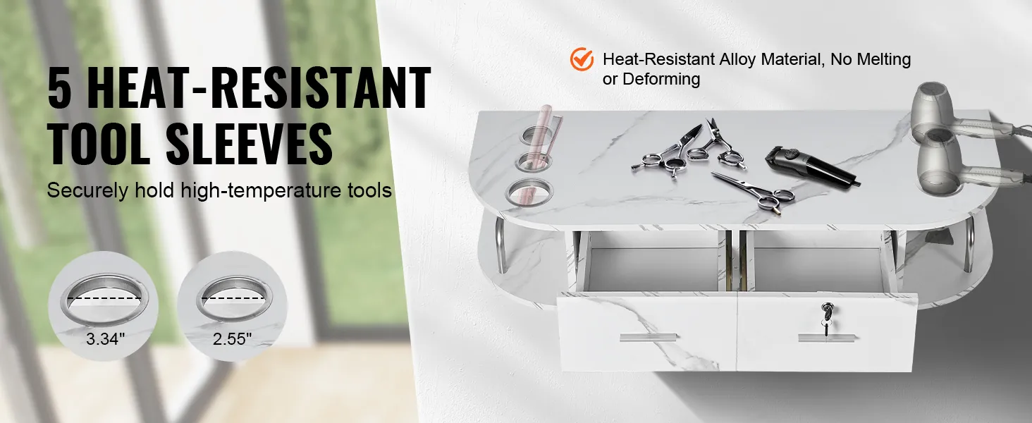 5 heat-resistant tool sleeves on white VEVOR salon station holding hair tools securely.