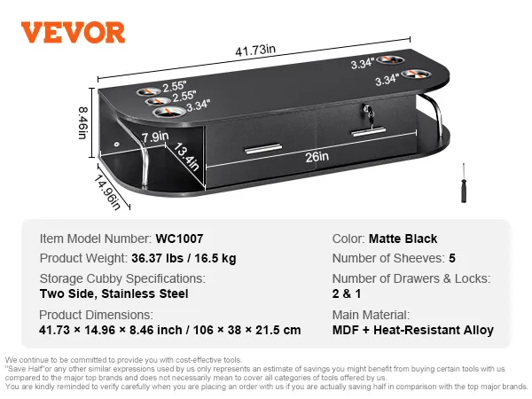 VEVOR salon workstation wc1007 in matte black with storage cubbies and drawers, dimensions listed.